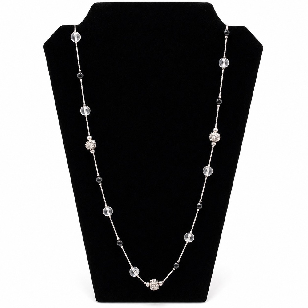 Silver Tone 36" Station Necklace Black Clear Beads Textured Ball Accents
